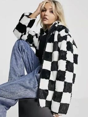 VANS sz L NATALIE Black & White Check Plush Zip-Up jacket pockets 80s Skateboard